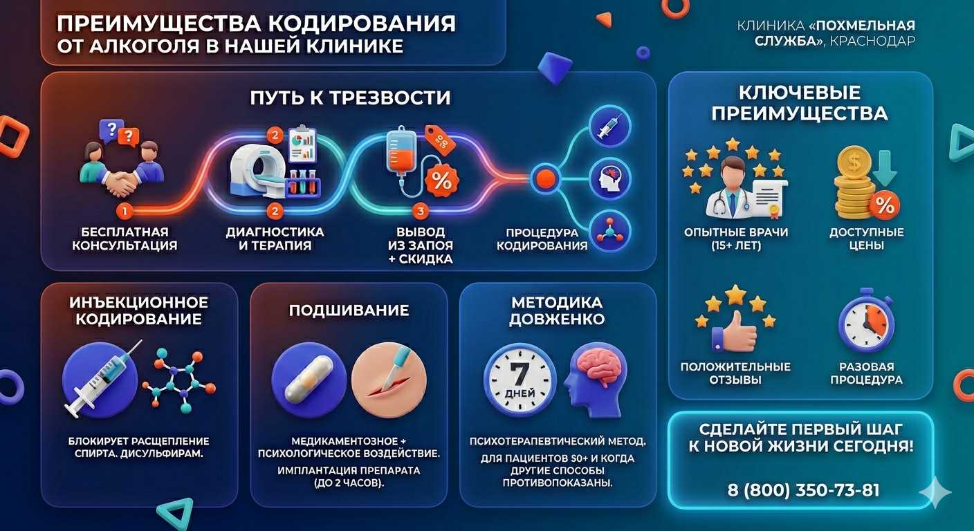 Инфографика о методах кодирования от алкоголя в Комсомольском: инъекции, подшивание, метод Довженко. Преимущества клиники и этапы лечения.