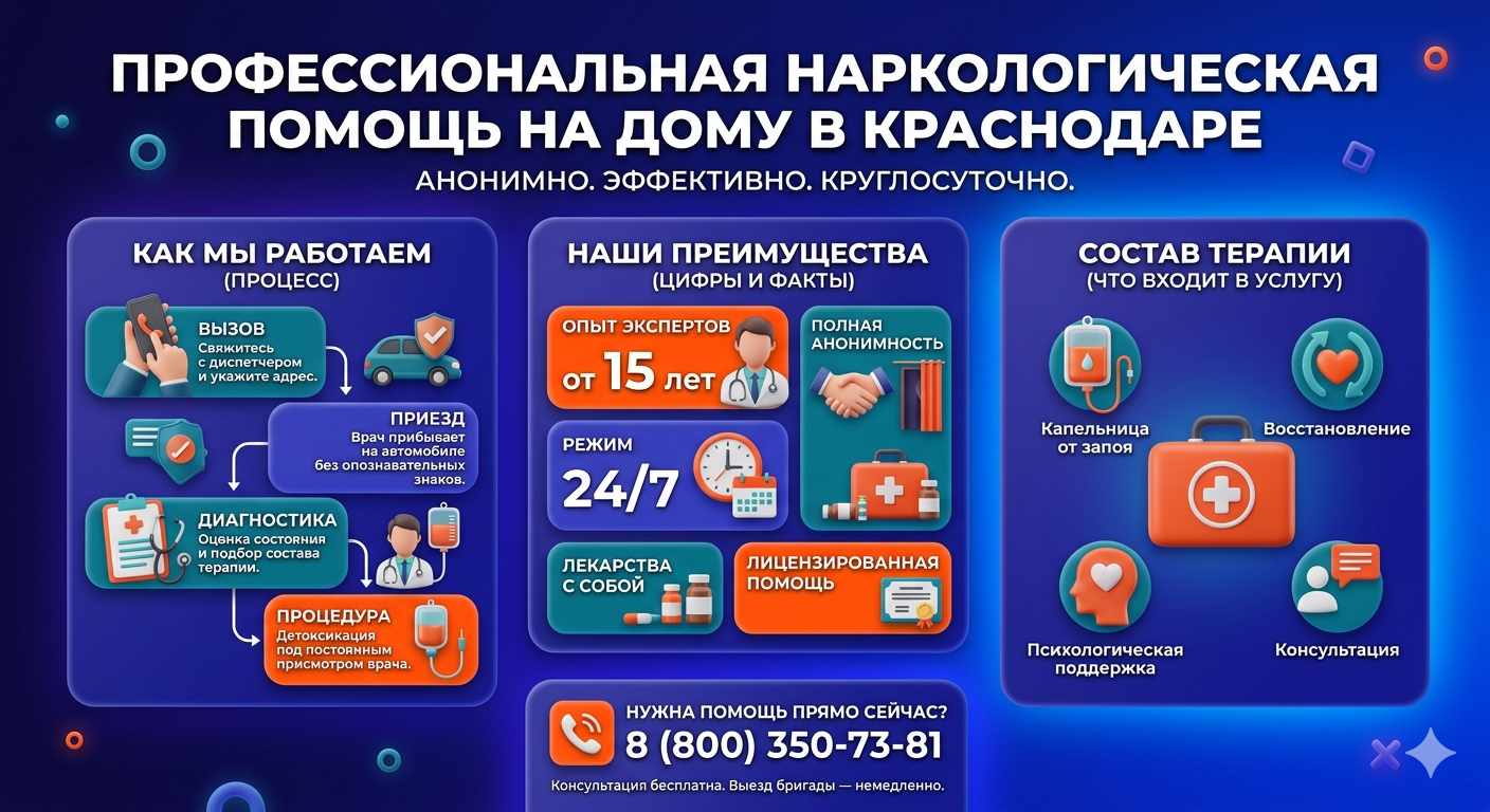 Инфографика о принципах лечения алкоголизма на дому в Комсомольском: этапы вызова нарколога, преимущества анонимной детоксикации и состав медицинской помощи.